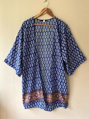Kimono One Size Swim Open Tunic Cover Up Boho Chic Blue Paisley Long